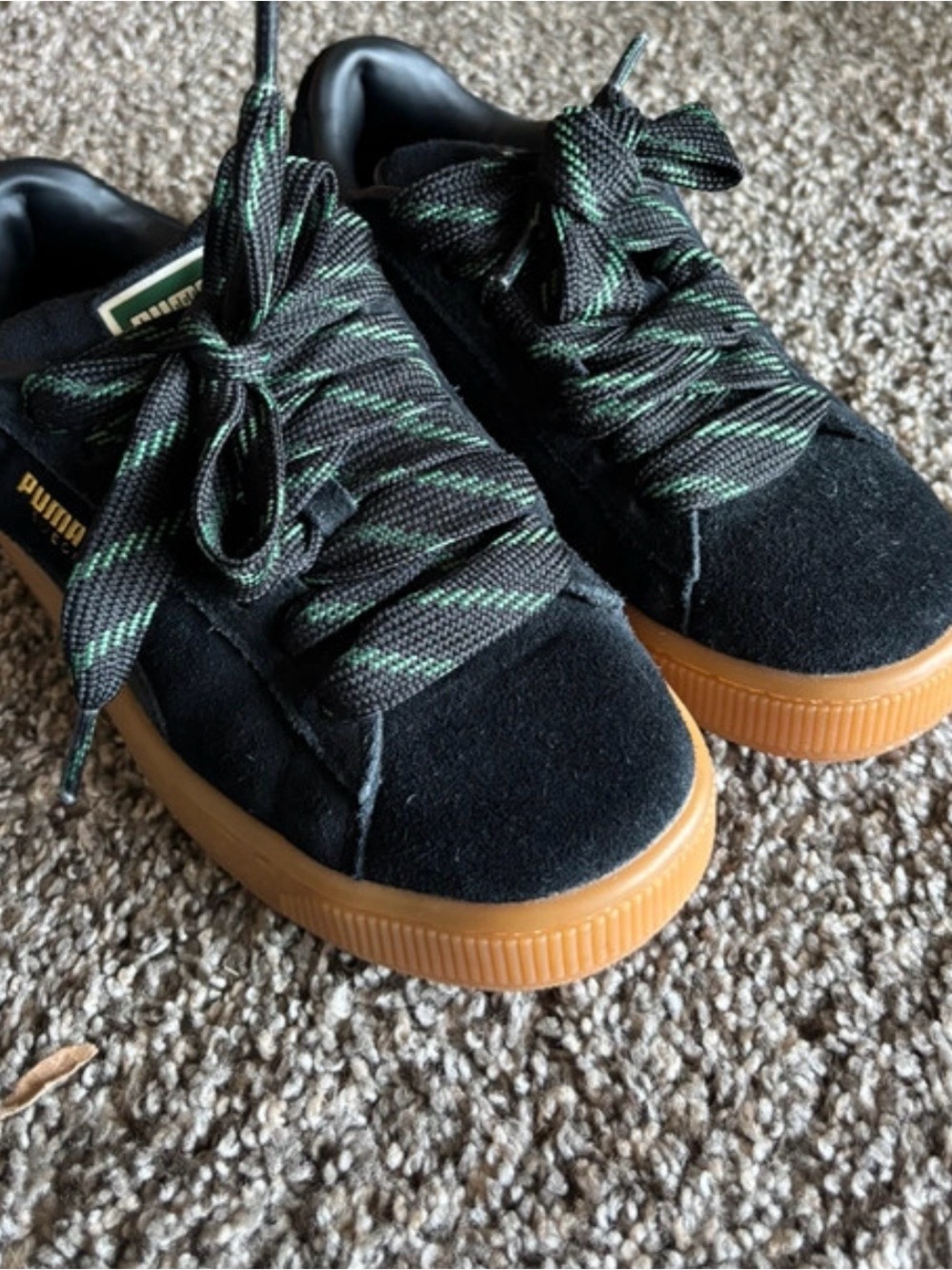 Puma Kids Black Suede Sneakers with Green Laces and Gum Sole